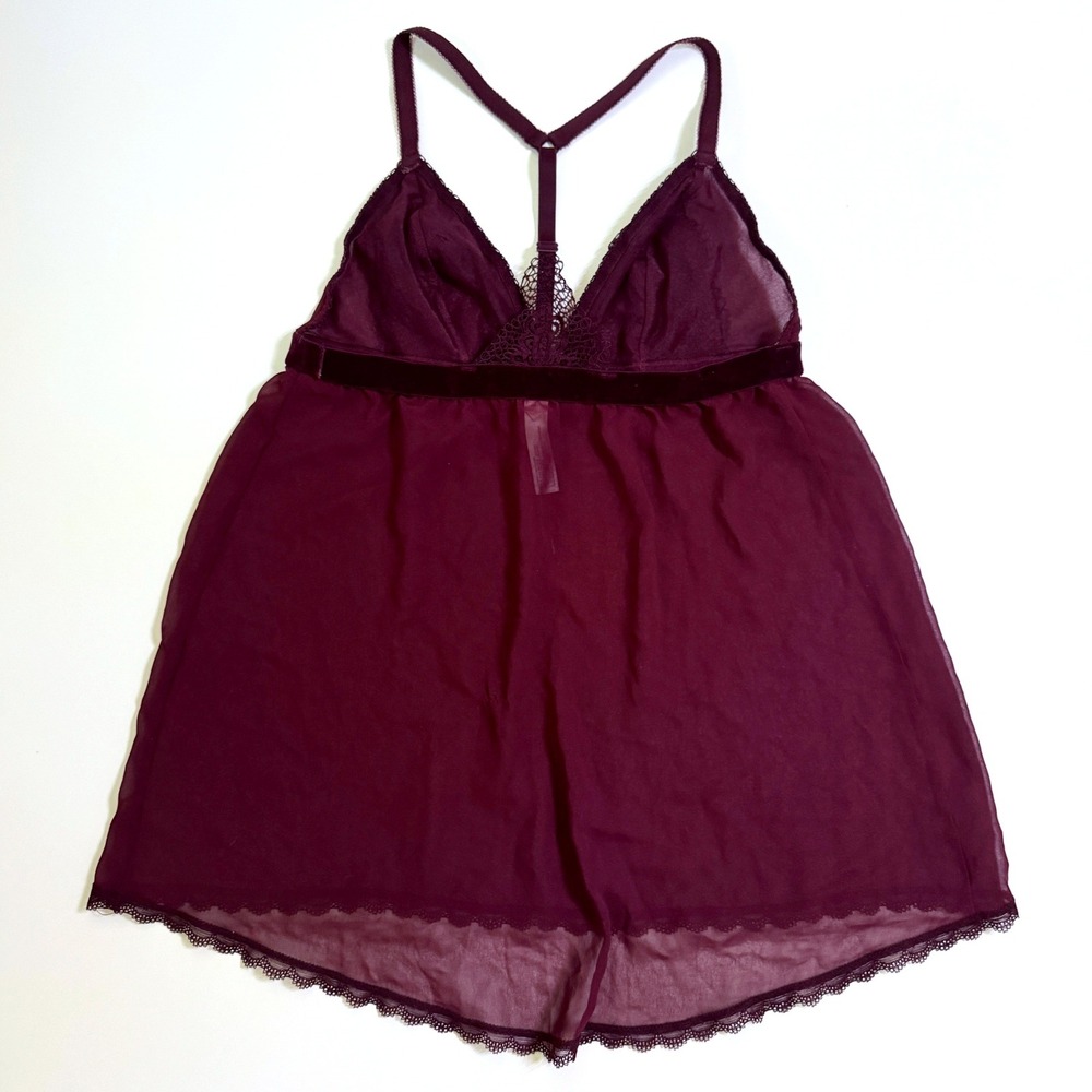 Gilligan & O'Malley Babydoll Large Burgundy Lace Velvet T-Back Chemise Lingerie - Picture 5 of 5